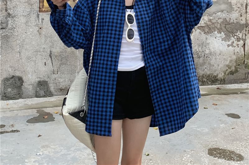 Shirt Collared Up Button Plaid Long-Sleeve