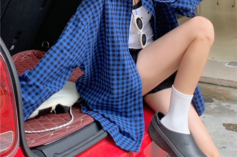 Shirt Collared Up Button Plaid Long-Sleeve