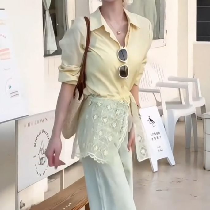 Long Trim Shirt Plain Sleeve Panel Collared Lace