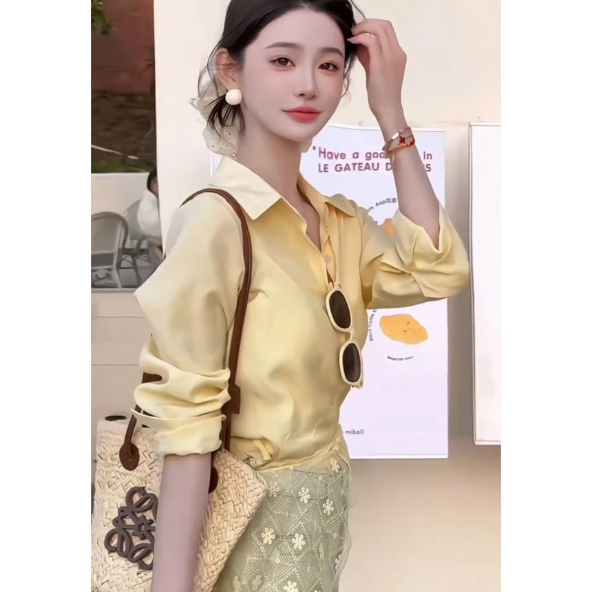 Long Trim Shirt Plain Sleeve Panel Collared Lace