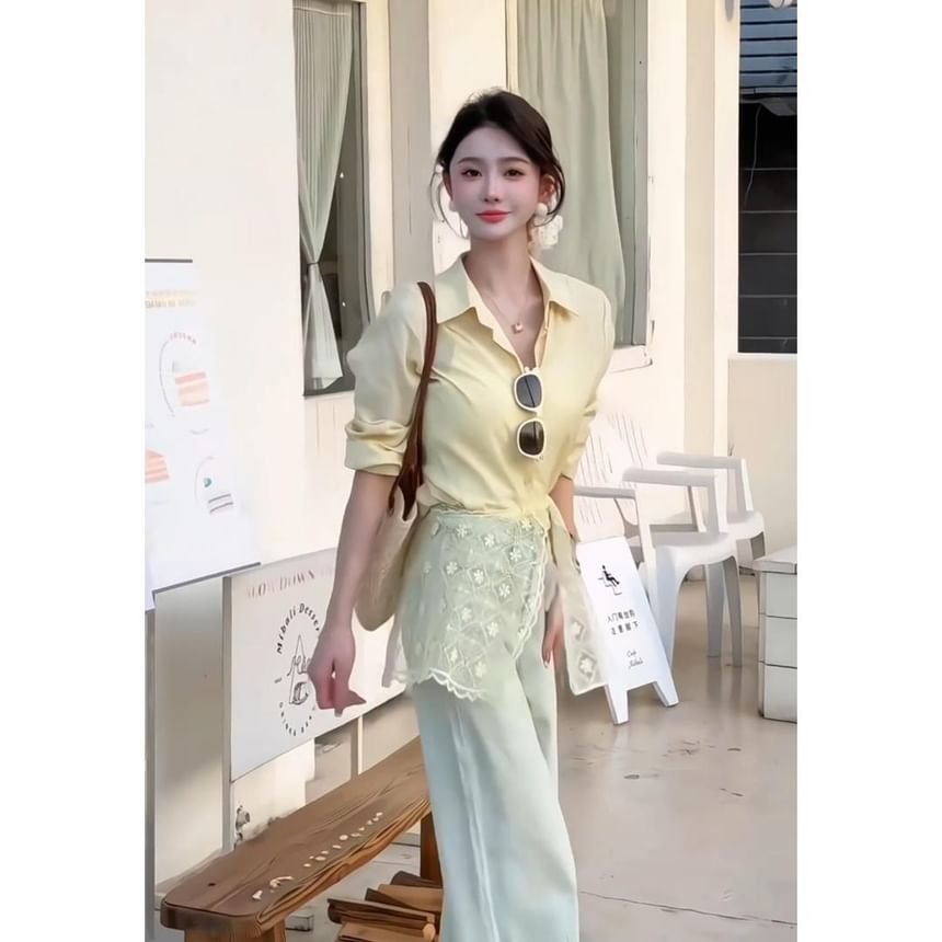 Long Trim Shirt Plain Sleeve Panel Collared Lace