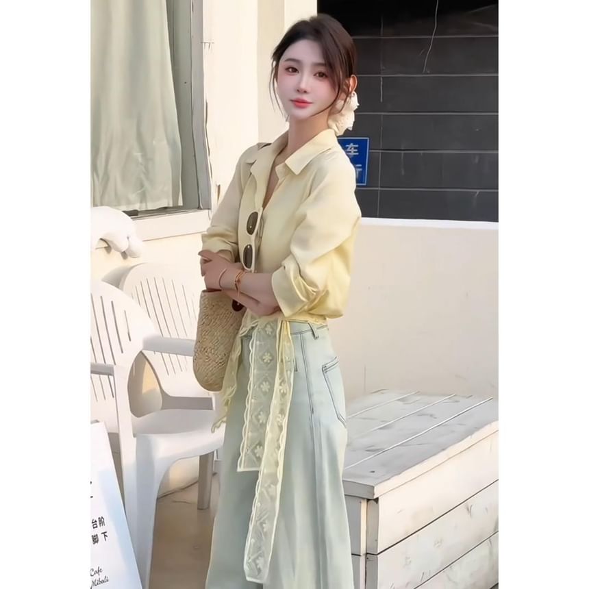 Long Trim Shirt Plain Sleeve Panel Collared Lace