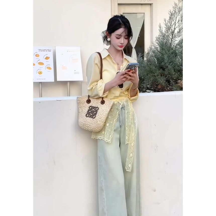 Long Trim Shirt Plain Sleeve Panel Collared Lace