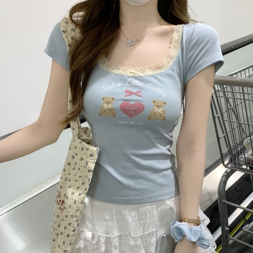Tee Neck Fit Lace Bear Print Crop Slim Scoop Short-Sleeve Trim