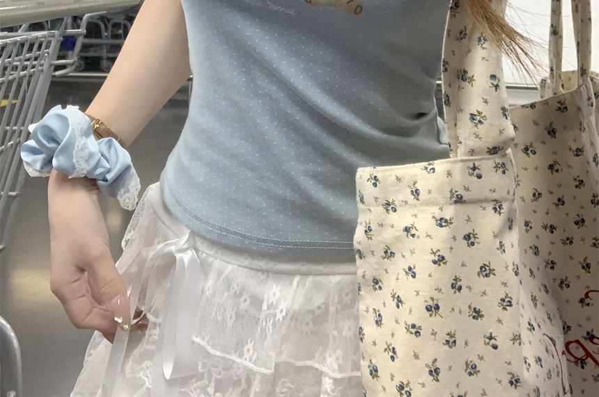 Tee Neck Fit Lace Bear Print Crop Slim Scoop Short-Sleeve Trim