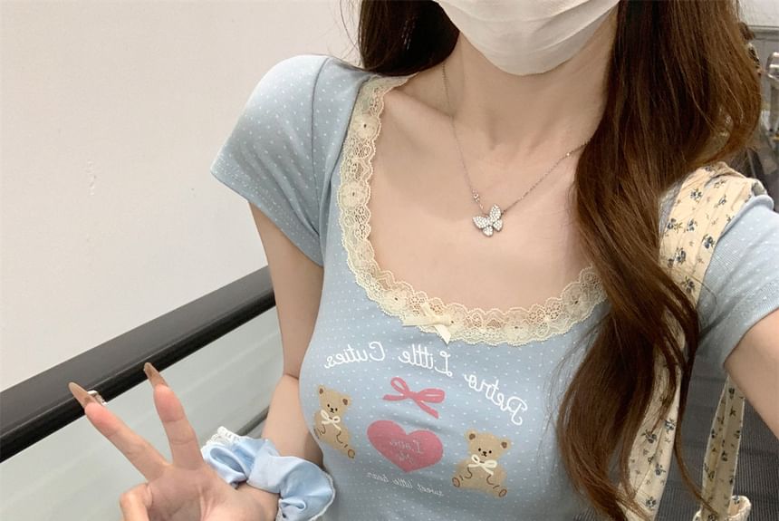 Tee Neck Fit Lace Bear Print Crop Slim Scoop Short-Sleeve Trim
