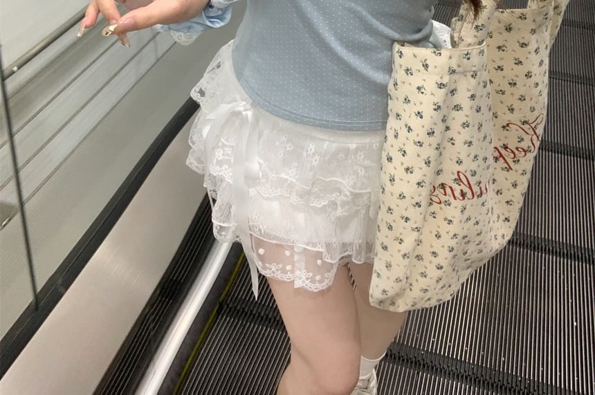 Tee Neck Fit Lace Bear Print Crop Slim Scoop Short-Sleeve Trim