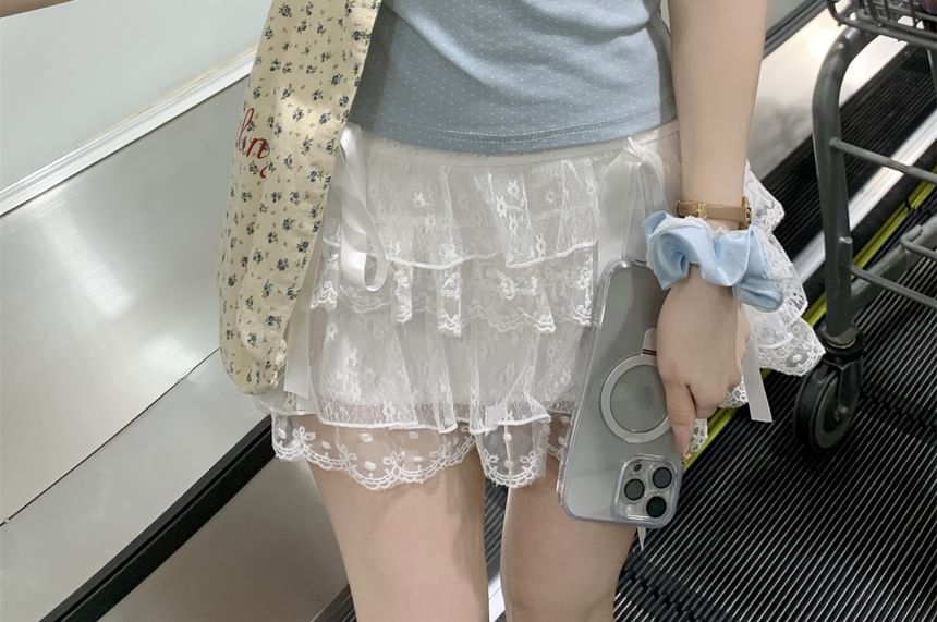 Tee Neck Fit Lace Bear Print Crop Slim Scoop Short-Sleeve Trim