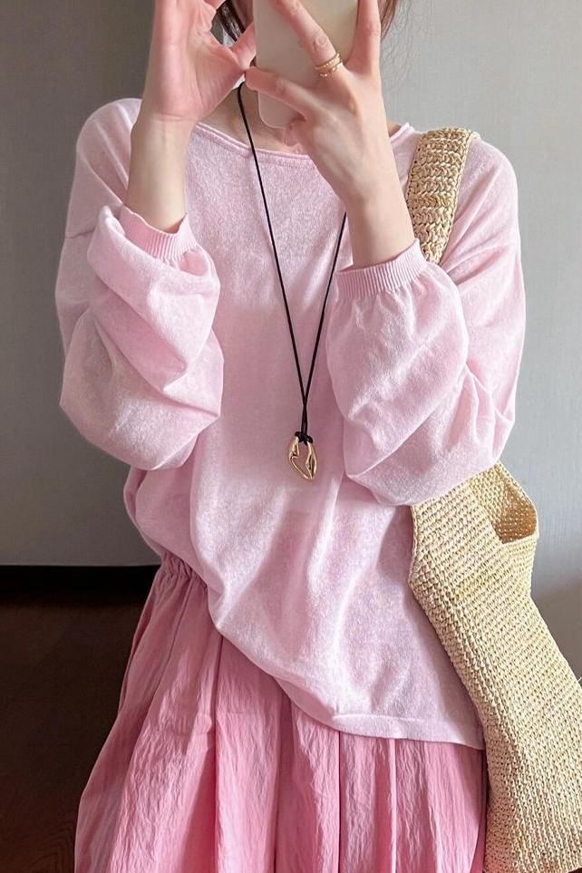 Top Round Neck Plain Long-Sleeve