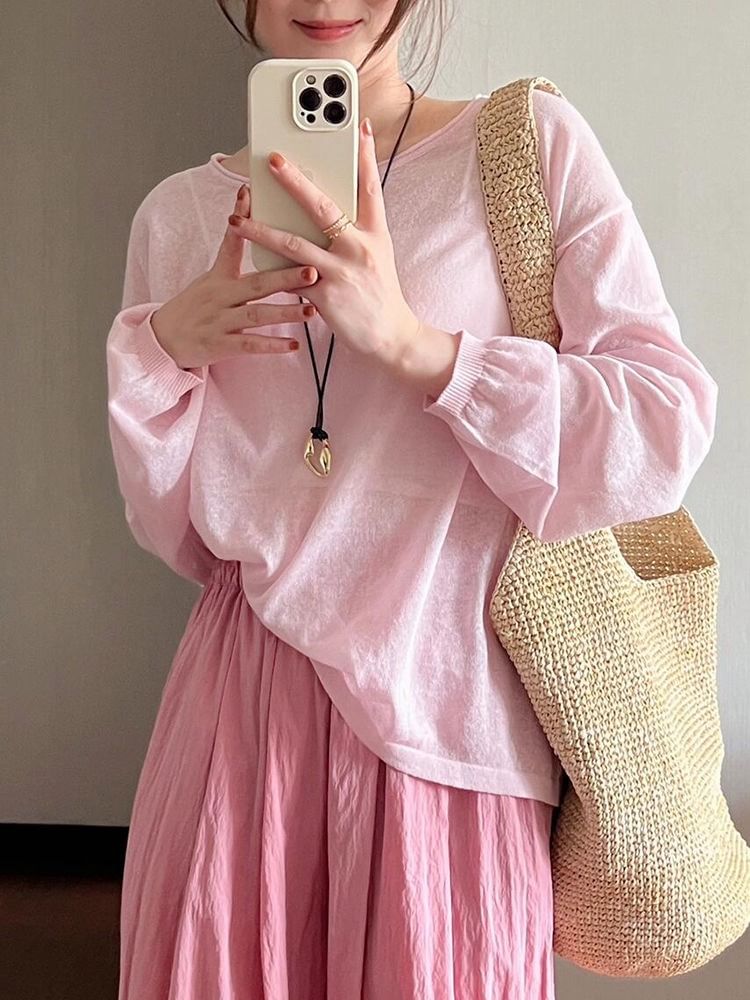 Top Round Neck Plain Long-Sleeve