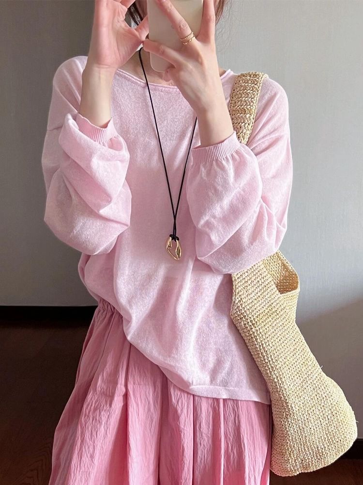 Top Round Neck Plain Long-Sleeve