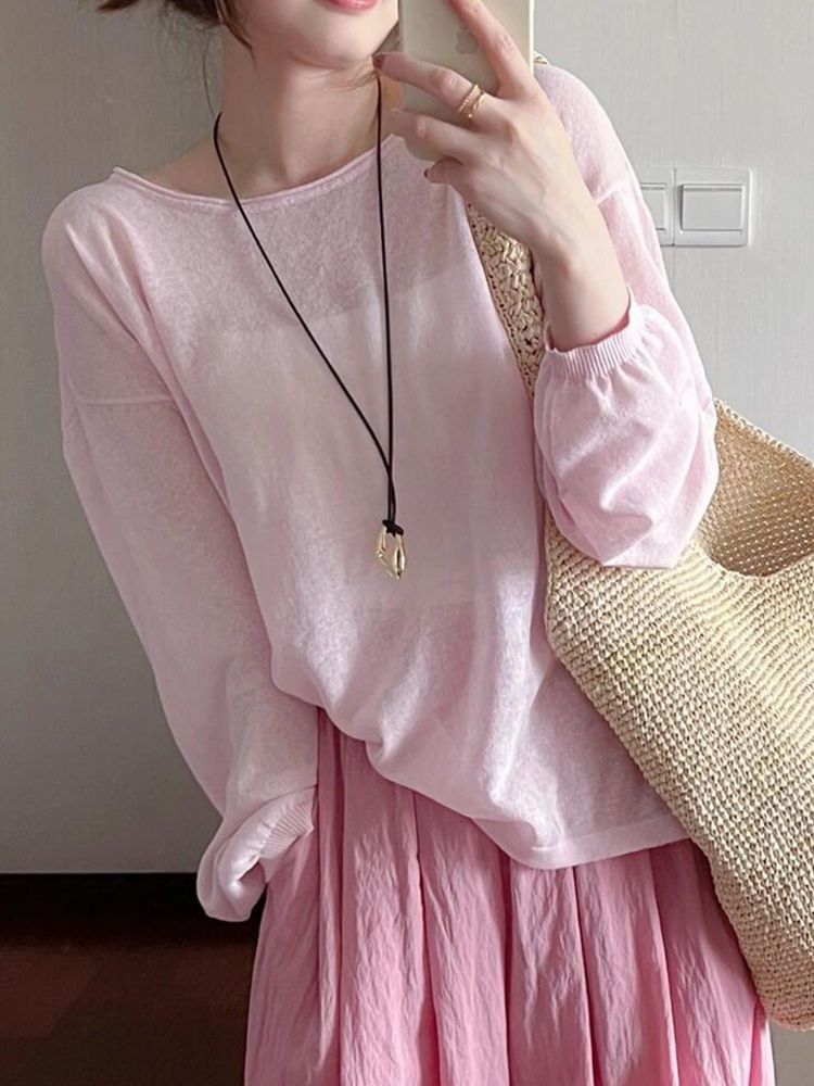 Top Round Neck Plain Long-Sleeve