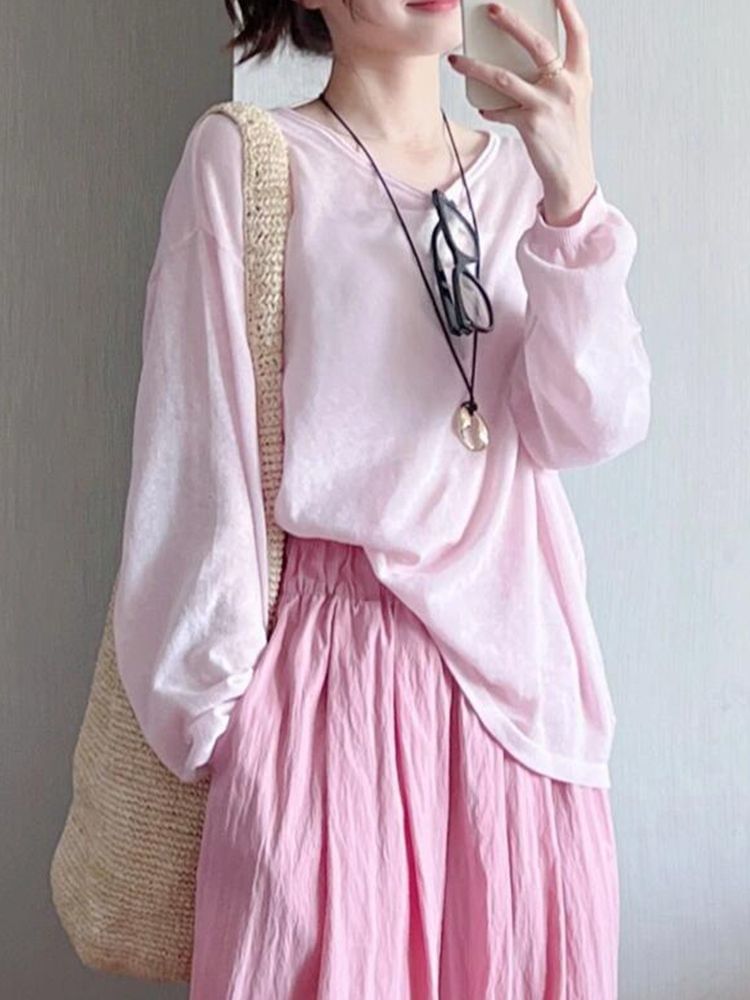 Top Round Neck Plain Long-Sleeve