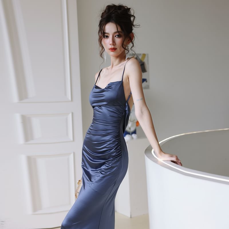 Ruched Cowl Strap Evening Bodycon Satin Back Spaghetti Plain Open Gown Neck