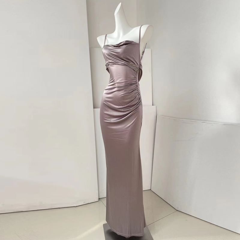 Ruched Cowl Strap Evening Bodycon Satin Back Spaghetti Plain Open Gown Neck