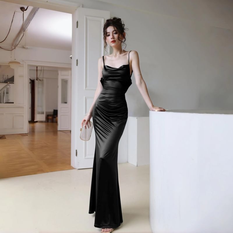 Ruched Cowl Strap Evening Bodycon Satin Back Spaghetti Plain Open Gown Neck