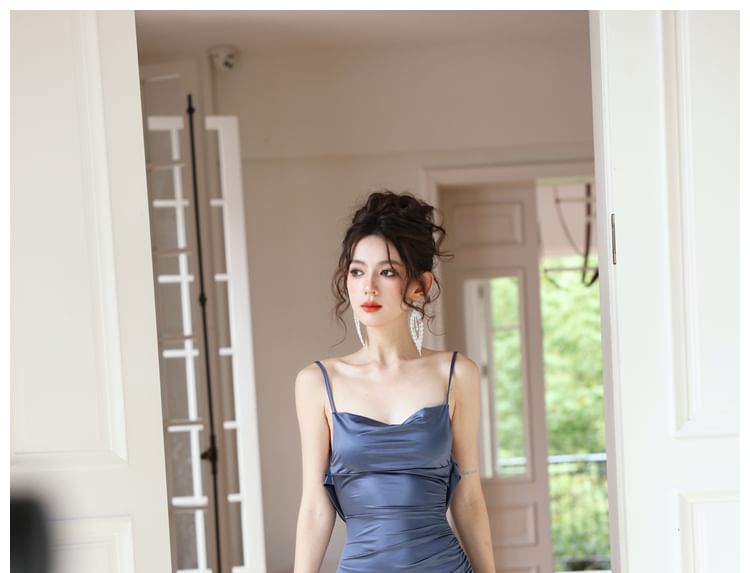 Ruched Cowl Strap Evening Bodycon Satin Back Spaghetti Plain Open Gown Neck