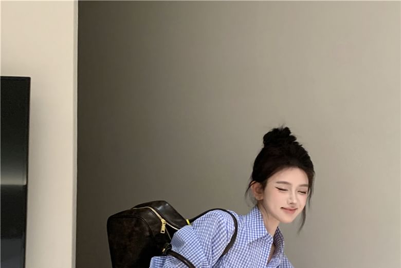 Henley Mini Dress Shirt Pocket Long-Sleeve Hem Pleated Front Plaid