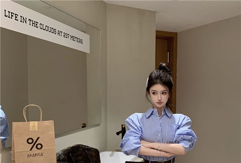 Henley Mini Dress Shirt Pocket Long-Sleeve Hem Pleated Front Plaid