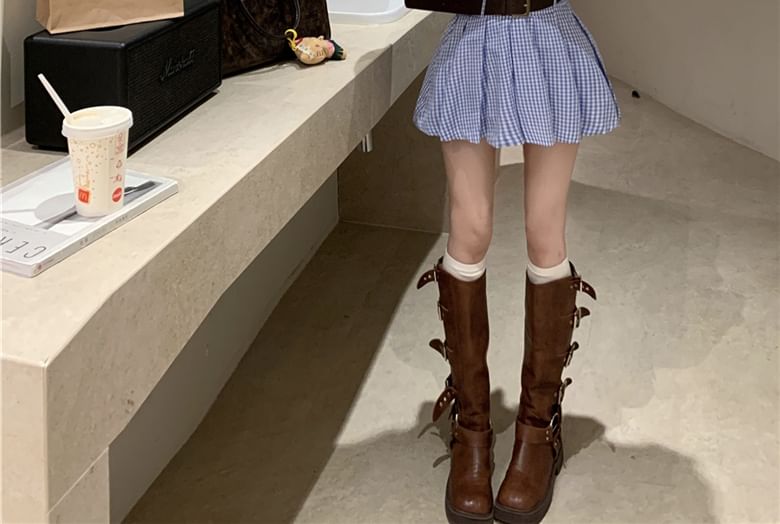 Henley Mini Dress Shirt Pocket Long-Sleeve Hem Pleated Front Plaid