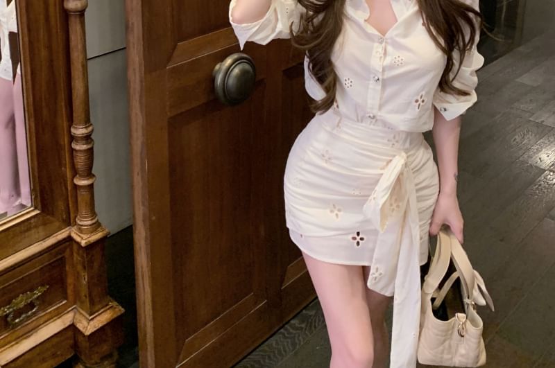 Long-Sleeve High Skirt Rise Bow Pencil / Ruched Embroidered Mini Flower Shirt