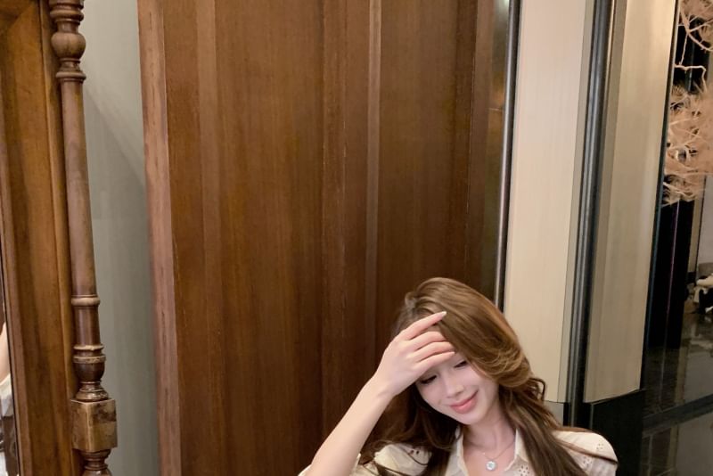 Long-Sleeve High Skirt Rise Bow Pencil / Ruched Embroidered Mini Flower Shirt