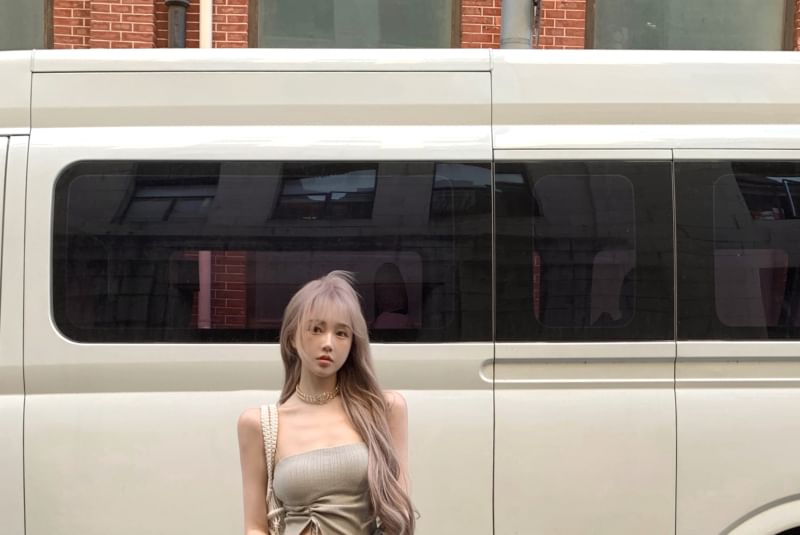 Strapless / Top Flared Side-Slit Plain Drawstring Pants Waist High Asymmetrical