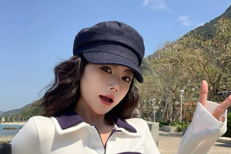 Collar Tube High Tee Mini Top Contrast Tie-Front Plain Trim Waist Skirt / Pencil Long-Sleeve