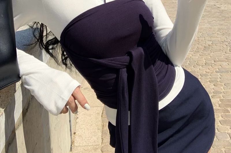 Collar Tube High Tee Mini Top Contrast Tie-Front Plain Trim Waist Skirt / Pencil Long-Sleeve