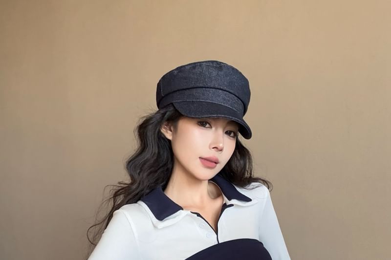 Collar Tube High Tee Mini Top Contrast Tie-Front Plain Trim Waist Skirt / Pencil Long-Sleeve