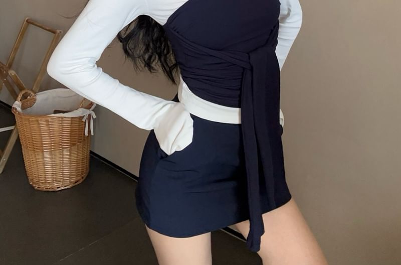Collar Tube High Tee Mini Top Contrast Tie-Front Plain Trim Waist Skirt / Pencil Long-Sleeve