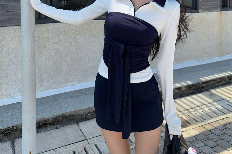 Collar Tube High Tee Mini Top Contrast Tie-Front Plain Trim Waist Skirt / Pencil Long-Sleeve