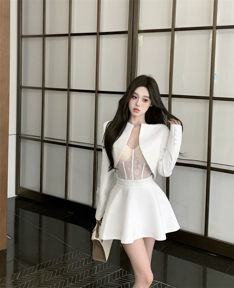 Top Plain Bustier Lace Open / Skirt A-Line Rise Jacket Mini High Cropped Front
