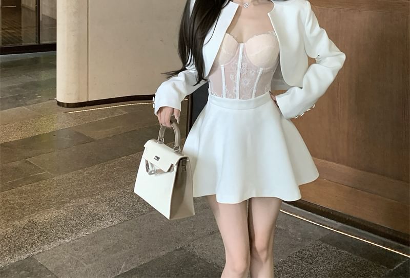 Top Plain Bustier Lace Open / Skirt A-Line Rise Jacket Mini High Cropped Front