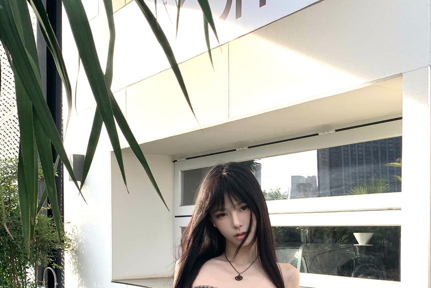 Mini Plaid Ruched Rise Top Skirt A-Line Bow Tube Sheer High /