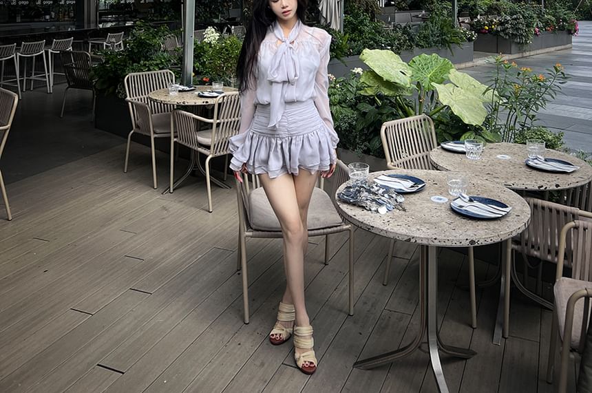 / A-Line Plain Mini Tie-Neck Blouse Set Cami Skirt Puff-Sleeve Rise High Top