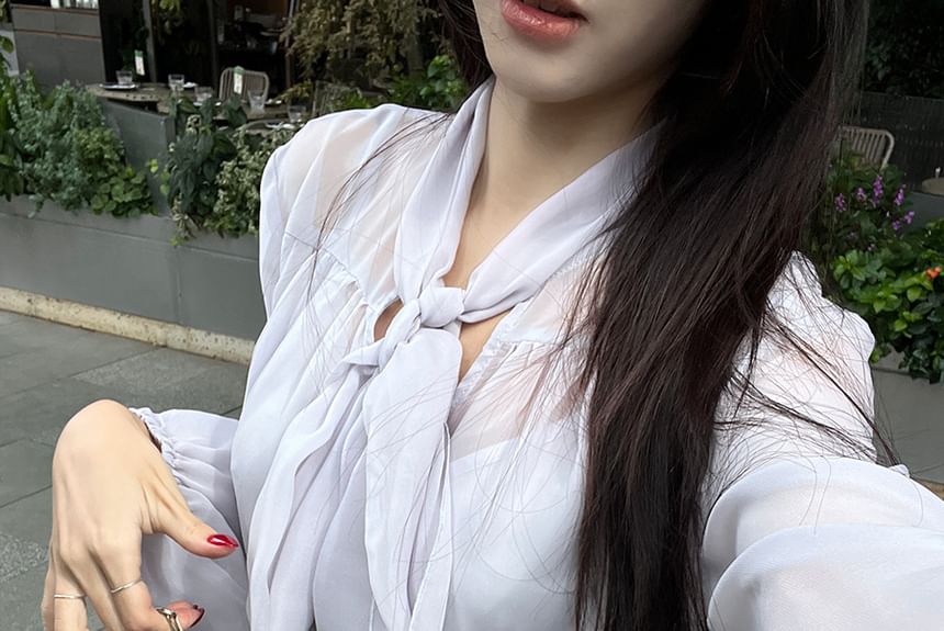 / A-Line Plain Mini Tie-Neck Blouse Set Cami Skirt Puff-Sleeve Rise High Top