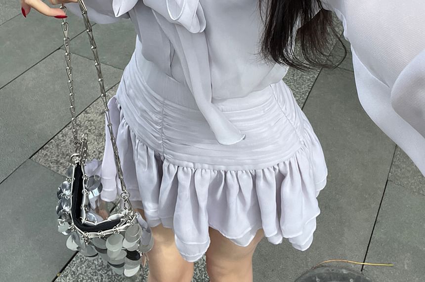 / A-Line Plain Mini Tie-Neck Blouse Set Cami Skirt Puff-Sleeve Rise High Top