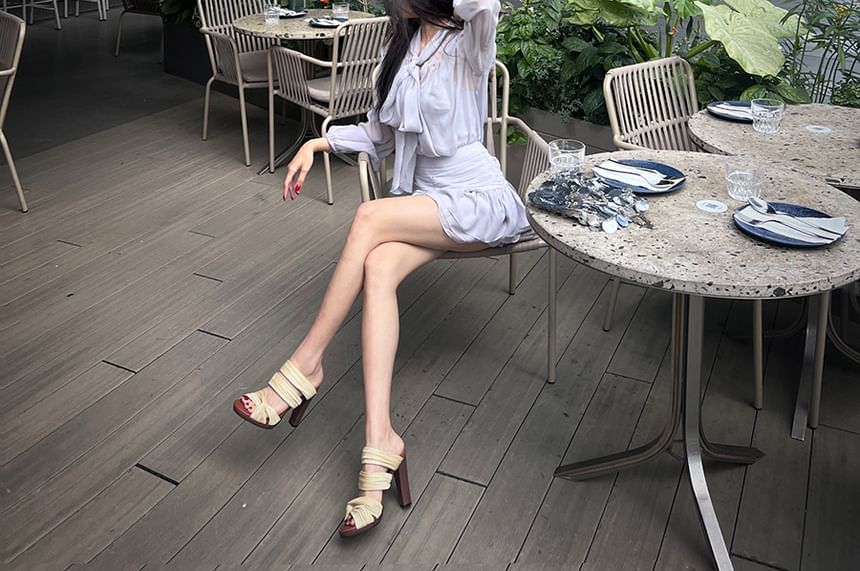 / A-Line Plain Mini Tie-Neck Blouse Set Cami Skirt Puff-Sleeve Rise High Top