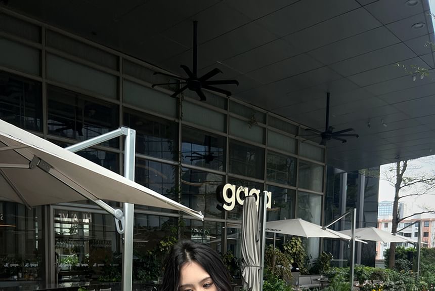 / A-Line Plain Mini Tie-Neck Blouse Set Cami Skirt Puff-Sleeve Rise High Top