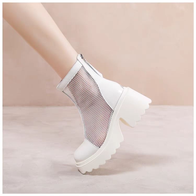 Short Zip-Up Platform Boots Mesh Panel
