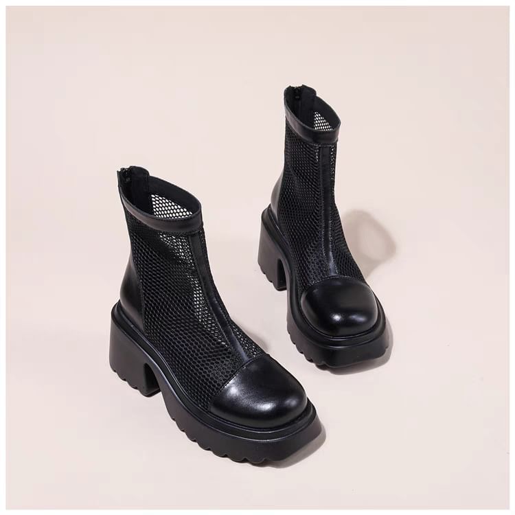 Short Zip-Up Platform Boots Mesh Panel