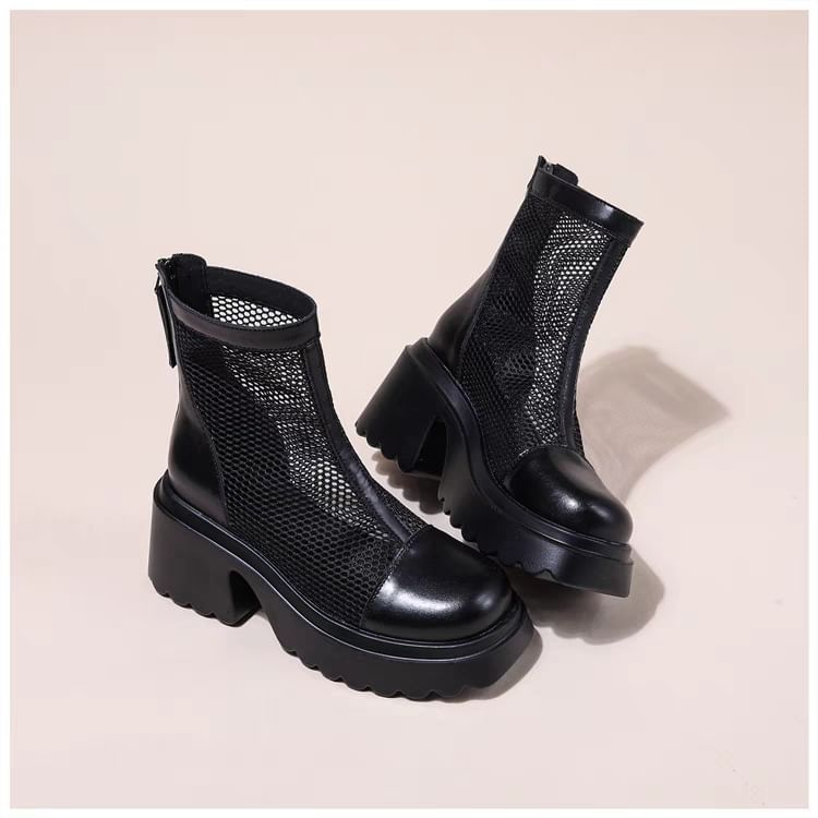 Short Zip-Up Platform Boots Mesh Panel