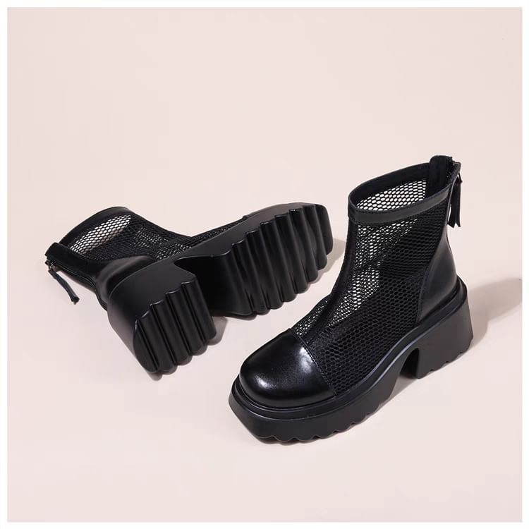 Short Zip-Up Platform Boots Mesh Panel