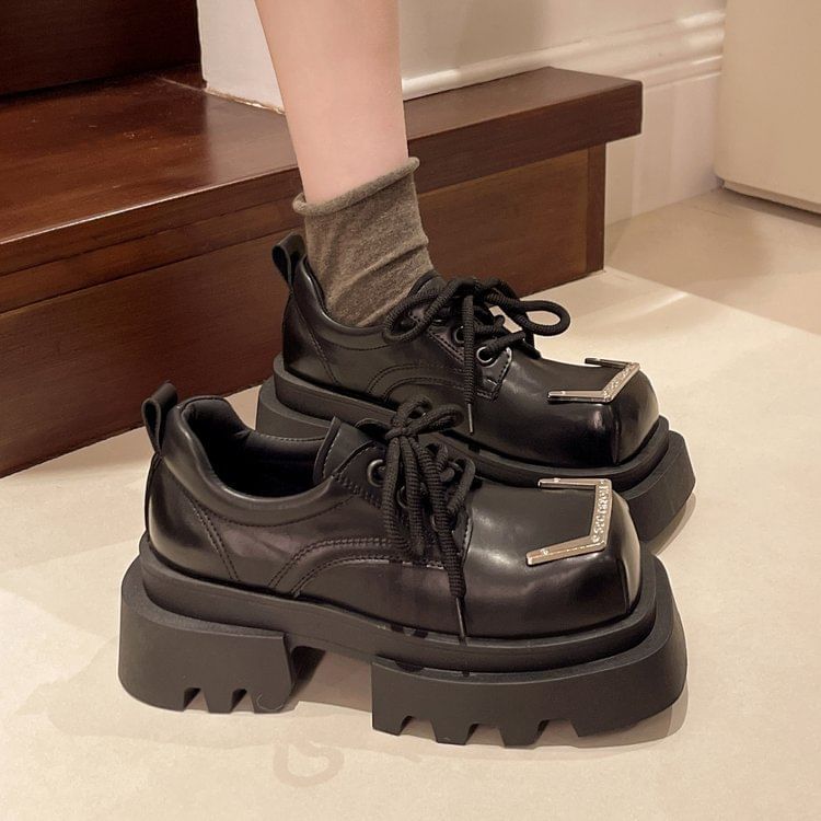 Shoes Accent Lace-Up Leather Toe Metal Square Faux Platform