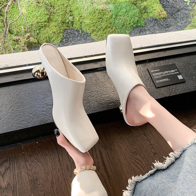 Plain Leather Toe High Faux Heel Mules Square