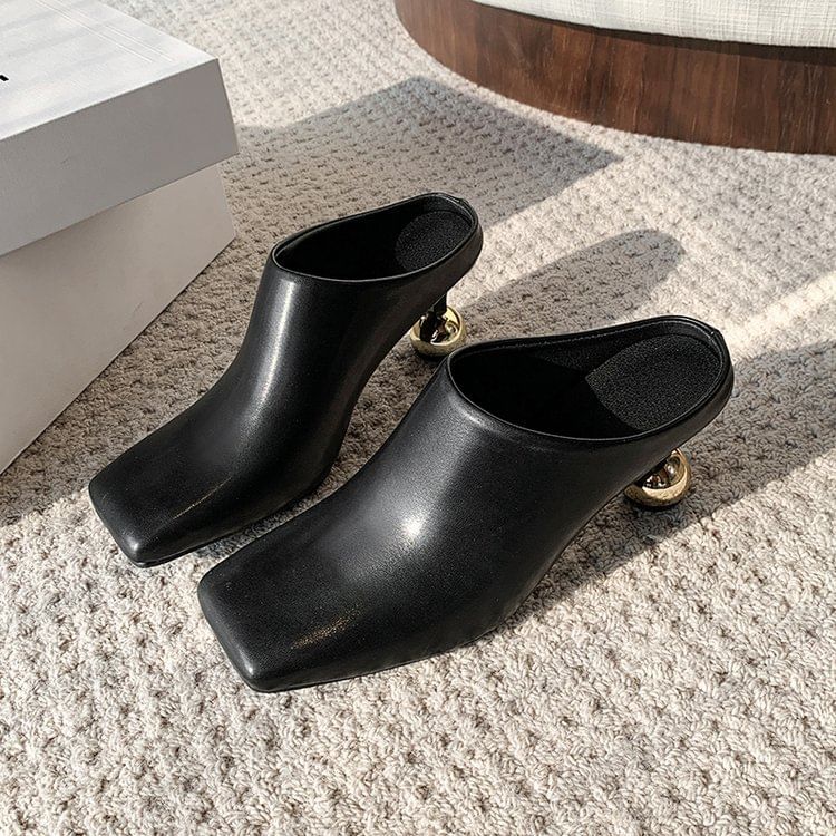 Plain Leather Toe High Faux Heel Mules Square