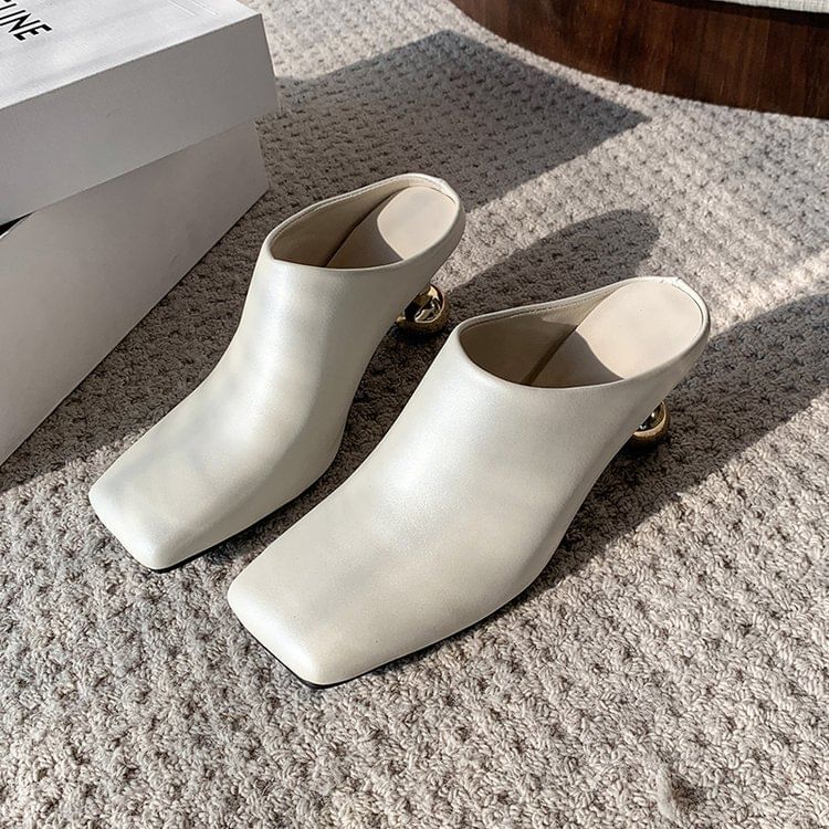 Plain Leather Toe High Faux Heel Mules Square