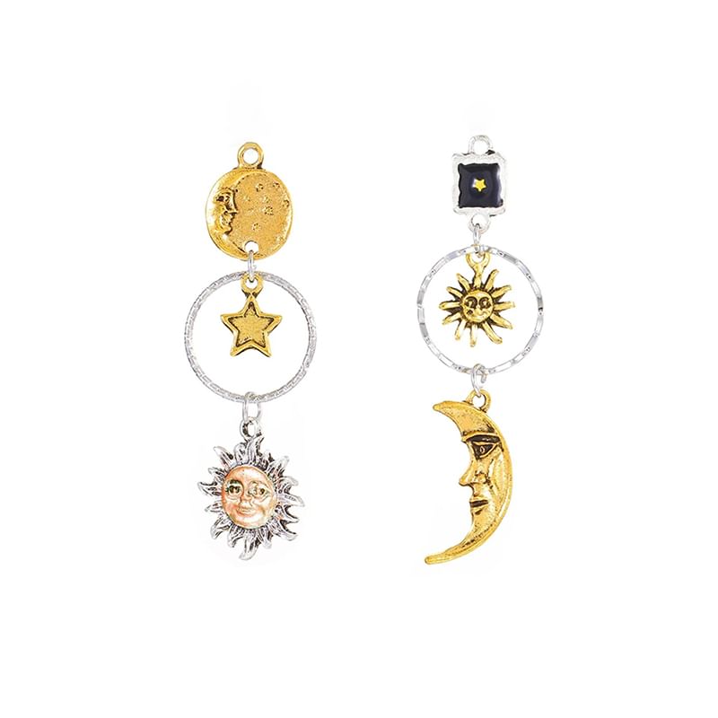 Clip-On / Sun Moon Asymmetrical Drop Earring