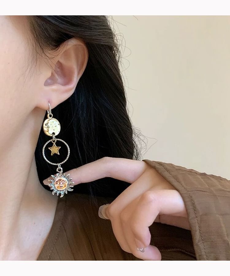 Clip-On / Sun Moon Asymmetrical Drop Earring